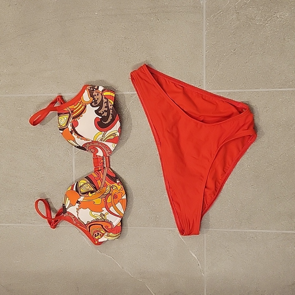 Calvin Klein Orange Paisley Retro bra top swim set L